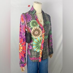 VINTAGE Y2K DESIGUAL RAINBOW DESERT THEME PYSCHEDLEIC V-NECK BUTTON UP BLOUSE